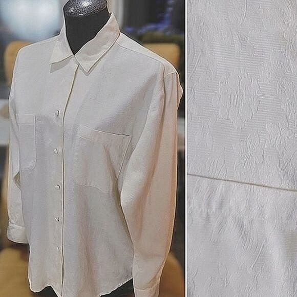 Vtg Talbots ivory floral textured long sleeve button-down shirt - Picture 1 of 14